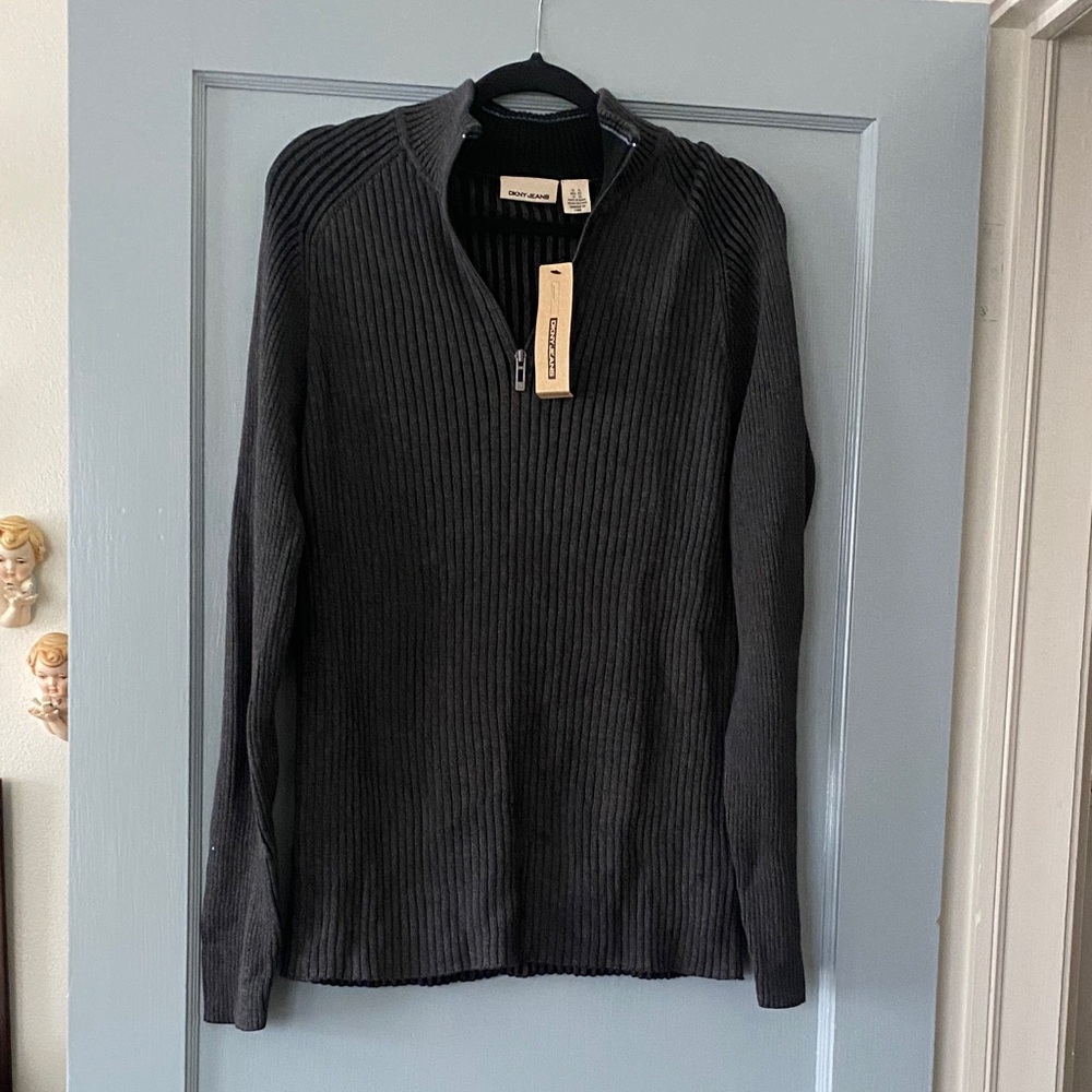 DKNY JEANS Men's Charcoal Zip-Up Ribbed Sweater